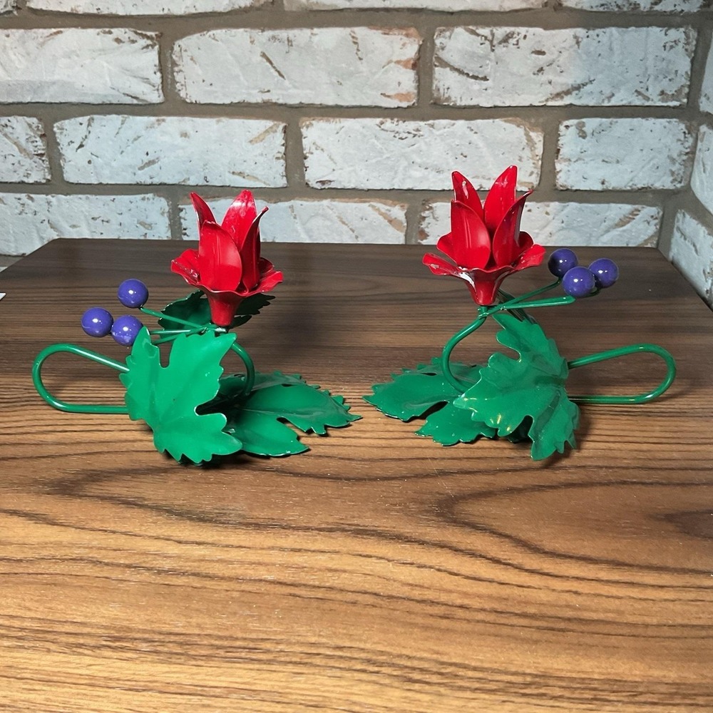 Dept 56 Pair Metal Christmas Rose Taper Candle Holders Red Flowers & Berries